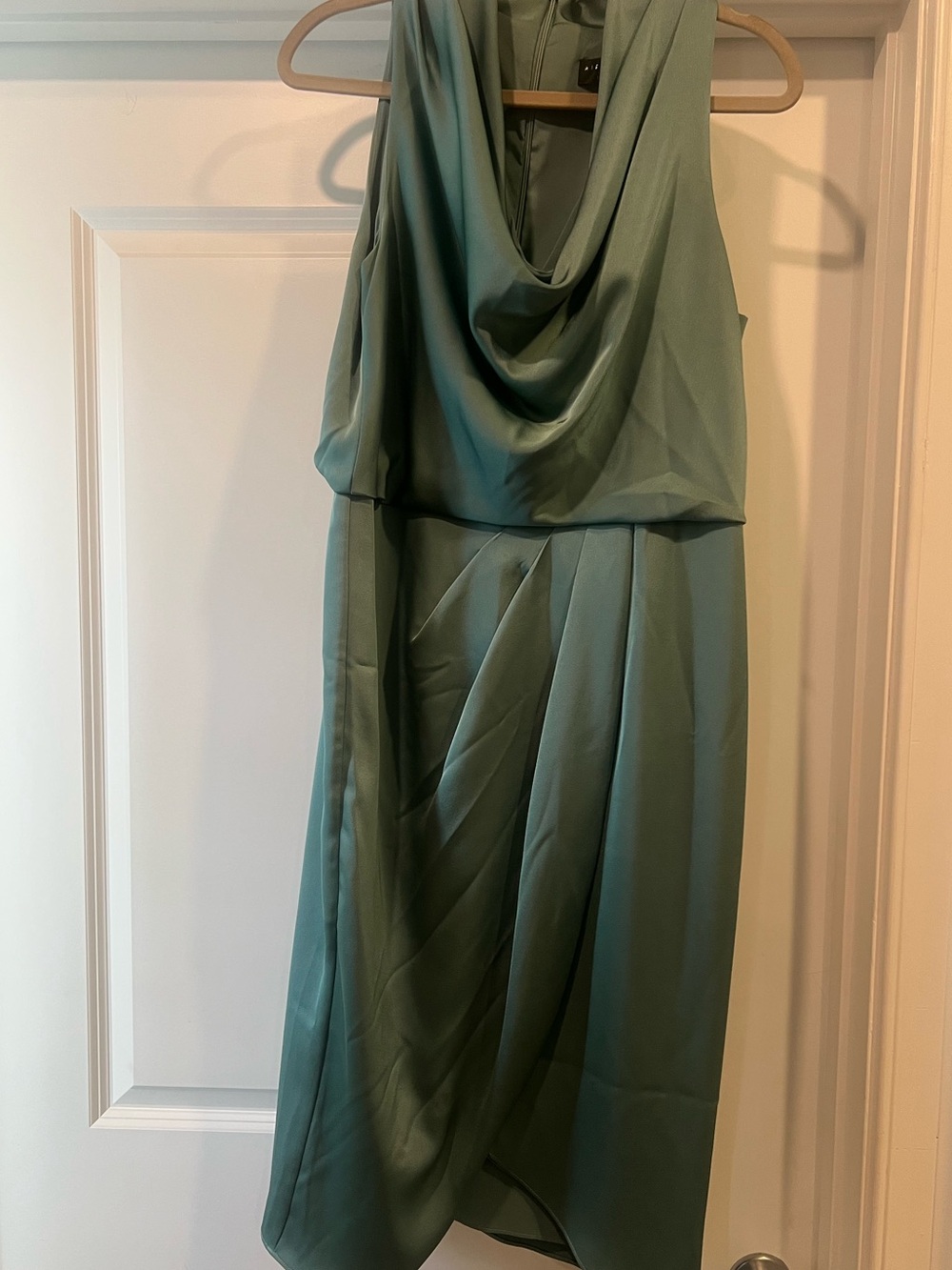 Aidan Mattox Draped Midi Dress in Sage Green Satin
